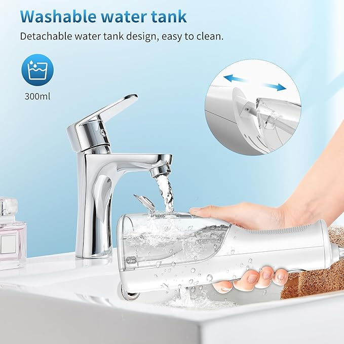 Cordless Oral Irrigator - 4 Modes Water Flosser for Teeth Cleaning 300ML Reservoir 360° Nozzle IPX7 Waterproof 2000mAh Rechargeable Battery 4 Jet Tips Smart Memory Function (M149 - White)