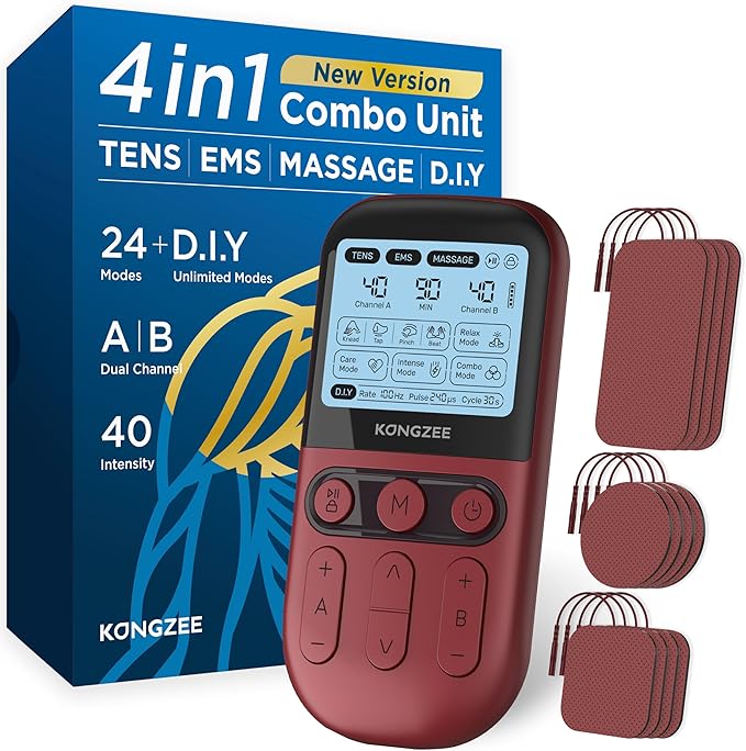 4 in 1 - D.I.Y &amp Tens Unit &amp EMS &amp Massage Muscle Stimulator Dual Channel TENS Units Therapy Machine for Pain Relief FDA Cleared Rechargeable Electronic Pulse Massagerwith 12pcs Electro
