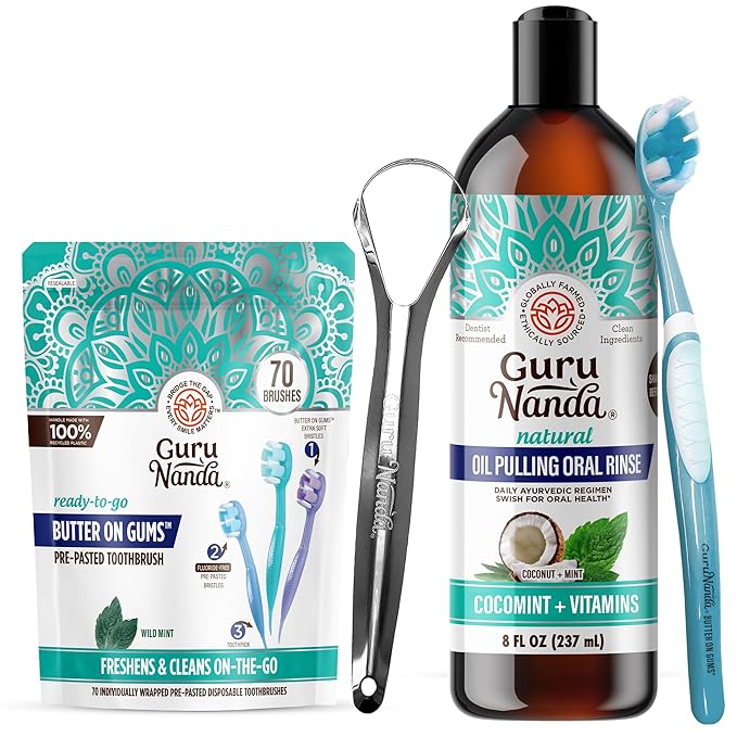 GuruNanda Fresh Start Oral Care Bundle – 70ct Disposable Pre-Pasted Toothbrushes &amp 8oz CocoMint Oil Pulling for Easy Refreshing Oral Hygiene