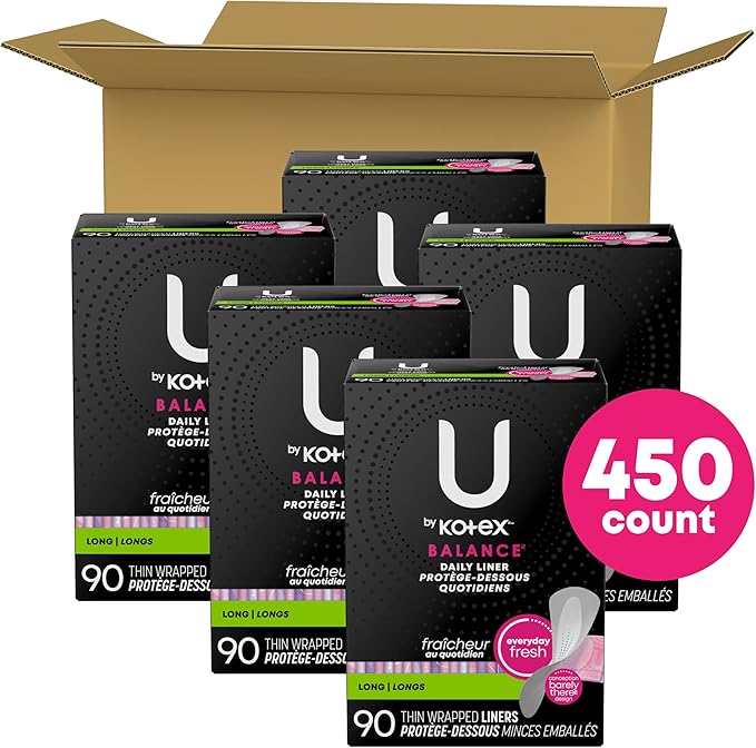 U by Kotex Balance Daily Wrapped Panty LinersLight AbsorbencyLong (Packaging May Vary)450 Count (Pack of 2)