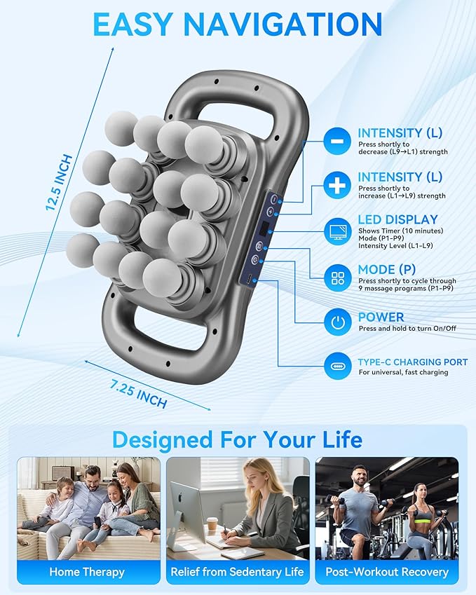 16-Head Massage Gun Set Deep Tissue Percussion Massager with 9 Modes &amp 9 Intensities Handheld Muscle Massager for Muscle Pain Relief in Back Legs Shoulders Foot