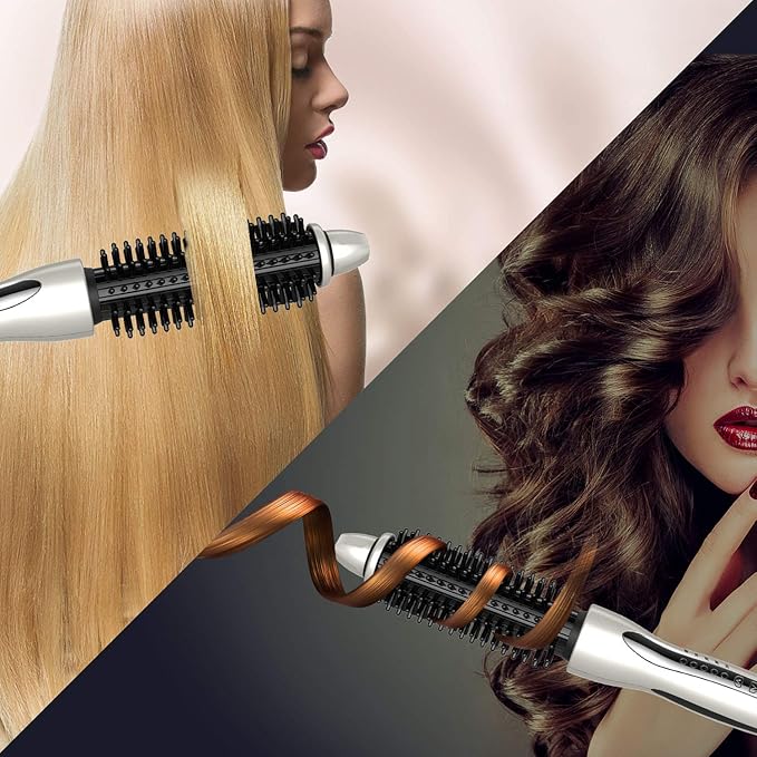 MIRACOMB Hair Curler Straightening Brush - Ceramic Tourmaline Flat Curling Iron - Cool Touch Round Brush PRO Multi Styler with 5 Heat Adjustments 1 Inch Barrel White (Enhanced)