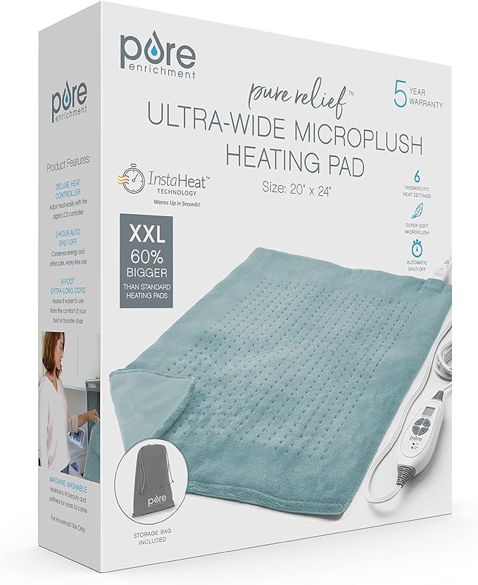 Pure Enrichment PureRelief Ultra-Wide Microplush Heating Pad - 20” x 24” XXL Size &amp 6 Heat Settings for Temporary Neck Shoulder &amp Back Pain Relief - Moist Heat Option &amp Machine Washable (