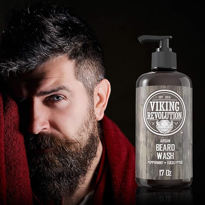 Beard Wash Shampoo w/Argan &amp Jojoba Oils - Softens &amp Strengthens - Natural Peppermint and Eucalyptus Scent - Beard Shampoo w/Beard Oil (17 oz Shampoo)