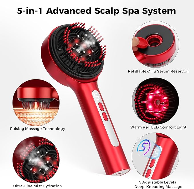 Electric Scalp Massager 5 in 1 Refillable Oil Reservoir and Mist 3 Step At Home Scalp Spa Device 3D Deep Kneading Massage USB C Rechargeable Portable for Home and Travel