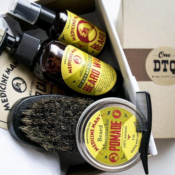 Medicine Man’s Anti-Itch Beard &amp Mustache Kit - Beard Itch Wash Oil Balm Brush - Beard Treatment Products in Premium Gift Box