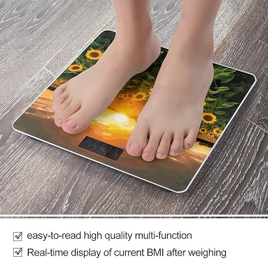 Sunflower Field Sunset Scale with LCD Easy-to-Read Anti-Slip Weight Digital Bathroom Scale Precision Weighing Scales Sturdy Tempered Glass Body Weight Scales for Daily Use