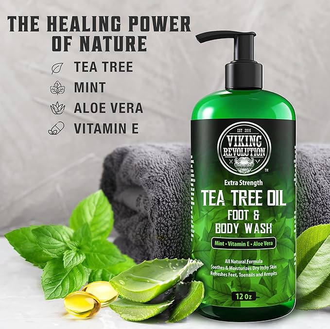 Viking Revolution Men's Tea Tree Oil Body Wash (12 Fl Oz 1 Pack) and Soap Bag with Drawstring (5.9x3.7 1 Piece) - Helps Athlete's Foot Toenail Jock Itch Eczema Ringworm &amp Body Odors