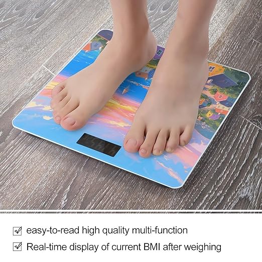 Seaside Town Weight Scale Cute Bathroom Scale for Body Highly Accurate Digital Weighing Machine for People Compact LCD Display Scales with Sturdy Toughened Glass Scales