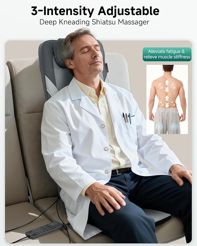 Snailax Gifts for Men Women Chair Back Massager for Full Back Pain Relief Deep Tissue Vibration Heated Seat Cushion Long Track Dual 3D Shiatsu Rollers 3 Height Settings Foldable Massage Chair Pad