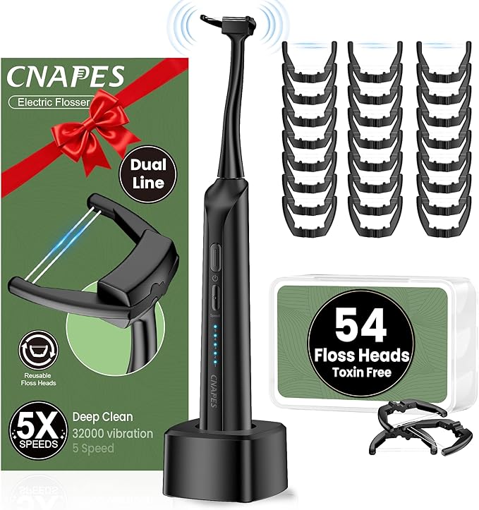 Electric Flosser for Teeth - 54 Refill Reusable Heads + 5 Speeds 5X Cleaning &amp 60-Day Battery Life Easy Glide Flossing for Gentle Gum Care More Effective Than String or Water Flosser