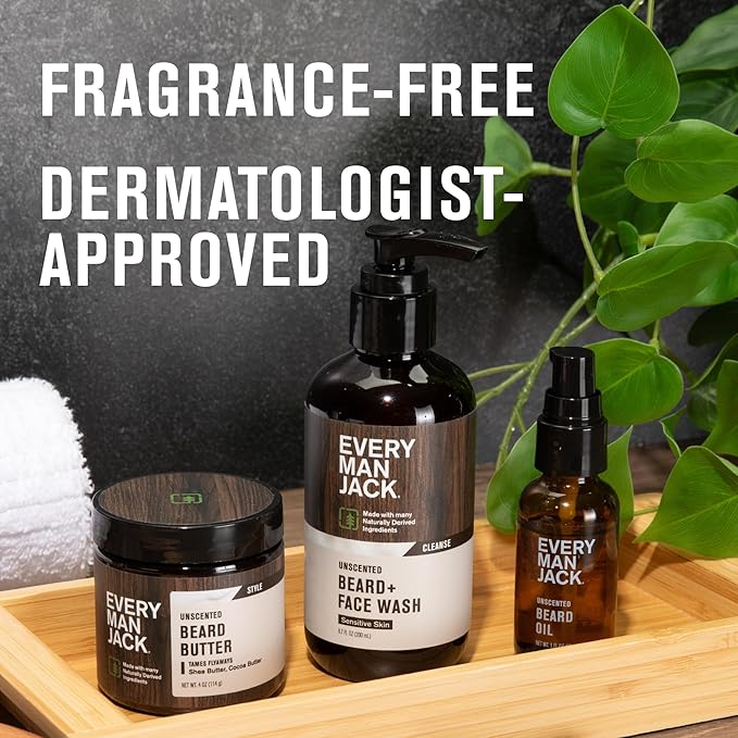 Every Man Jack Unscented Beard Bundle - Fragrance Free for Sensitive Skin - Contains (1) each of Beard &amp Face Wash Beard Butter and Beard Oil