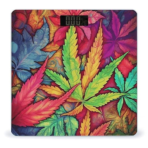 Multicolor Leaf Weed Art Weight Scale Large Bathroom Scales Digital Weight with Bright LED Display Non Slip Automatic Weighing Scale Fashion Weighing Machine for Body