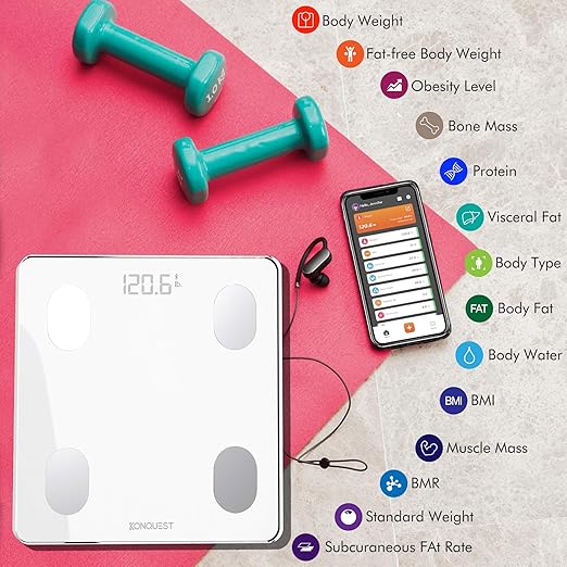 KONQUEST Smart Scale for Body Weight Digital Bathroom Scale BMI Weighing Bluetooth Body Fat Scale Body Composition Monitor Health Analyzer with Smartphone App 400 lbs - White