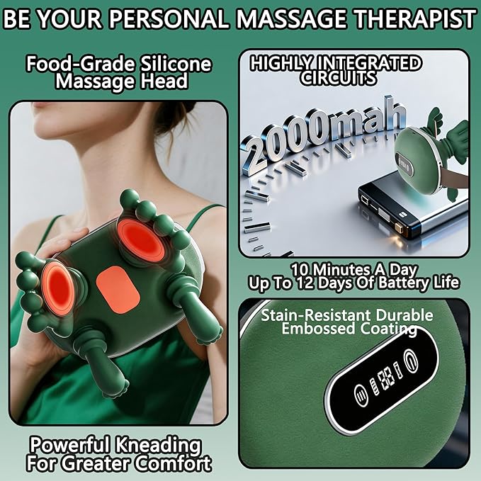 Shoulder Neck Massagers Completely upgraded Neck Massager with Heat LED screen display 4D Bionic Shiatsu Deep Tissue Massage Wireless Portable Neck Back Massager Simulates A Real Palm (Green)