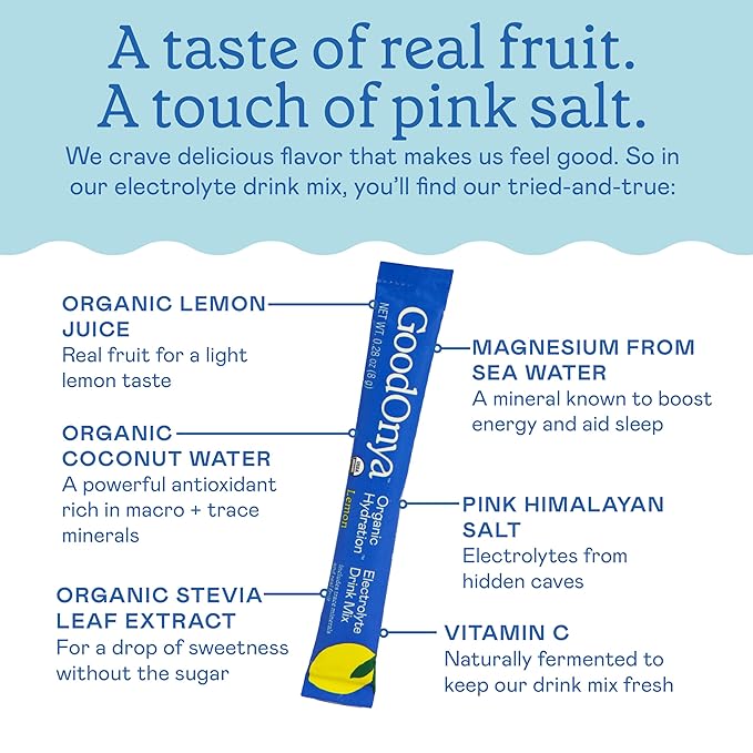 GOODONYA Organic Hydration Electrolyte Drink Mix Certified Organic Hydration Powder Non-GMO Biochecked Glyphosate Free Low Sugar Lemonade Flavor No Artificial Flavors12 Stick Packs