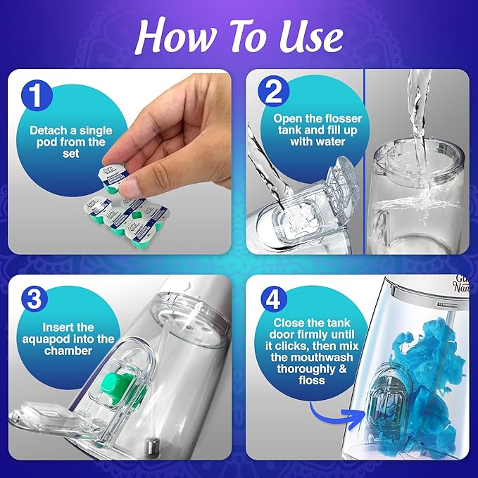 GuruNanda Advanced Dental Water Flosser 3.0 with UV Mode Water Flosser &amp 24 Aquapods with Mouthwash for Fresh Breath &amp Plaque Removal Compact &amp TSA-Friendly