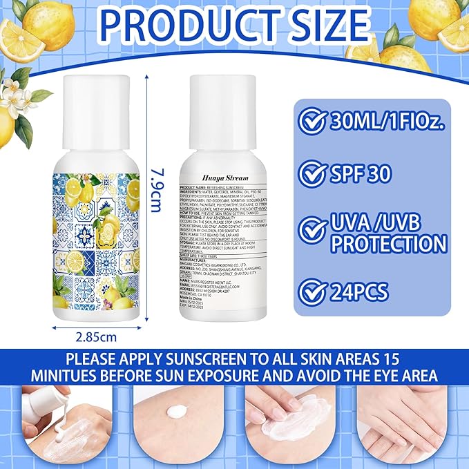 Demissle 24 Pcs Amalfi Coast Party Decorations Travel Size Mini Sunscreen Bulk Spf 30+ Summer Capri Lemon Small Sunscreen for Wedding Bridal Shower Mediterranean Party Decor 1 Fl. oz