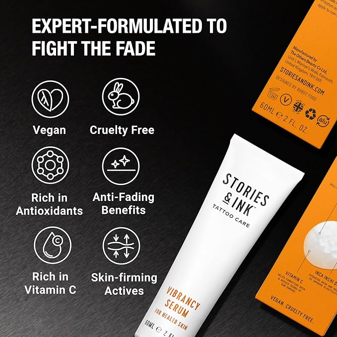 Stories &amp Ink Tattoo Care | VIBRANCY SERUM for Healed Tattoos | Brightening Treatment to Enhance Ink Color &amp Restore Faded Tattoo Pigment Lightweight Hydrating Aftercare 60 mL / 2 Fl Oz