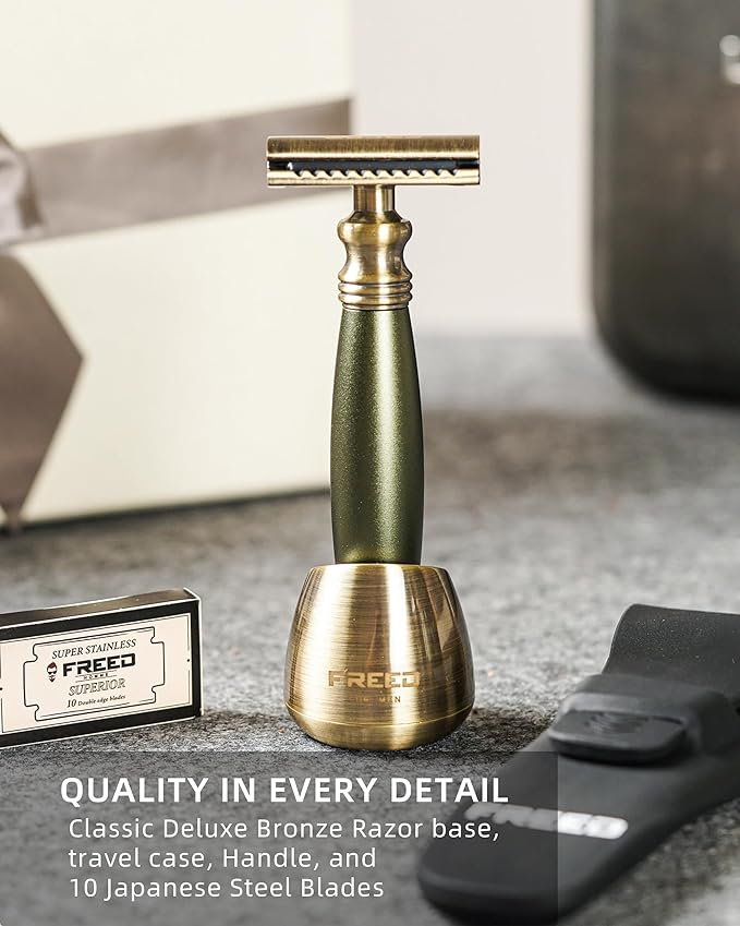 FREED 4-piece Set for Men - Double Edge Safety Razor with alloy handle include 10 count Japanese 6cr13 Stainless Steel blade It's the best gift for men fathersor birthdays (Green)
