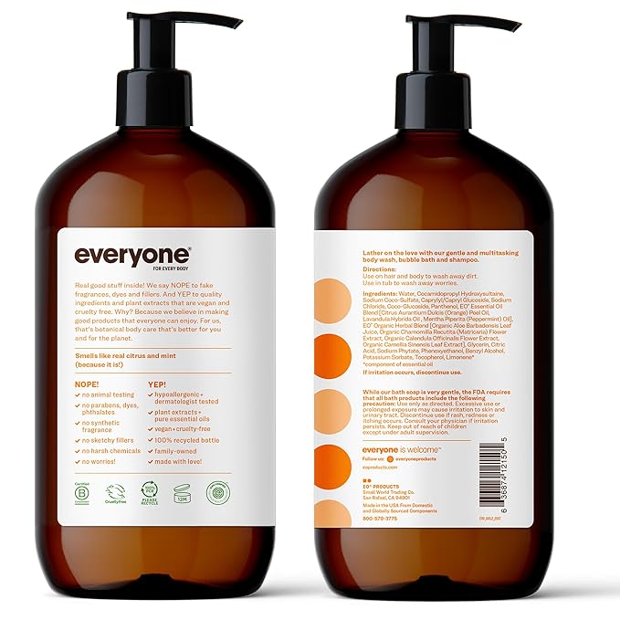 Everyone 3-in-1 Soap Body Wash Bubble Bath Shampoo 32 Ounce (Pack of 2) Unscented &amp 3-in-1 Soap Body Wash Bubble Bath Shampoo 32 Ounce (Pack of 2) Citrus and Mint