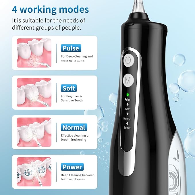 Cordless Oral Irrigator - 4 Modes Water Flosser for Teeth Cleaning 300ML Reservoir 360° Nozzle IPX7 Waterproof 2000mAh Rechargeable Battery 4 Jet Tips Smart Memory Function (M149 - Black)