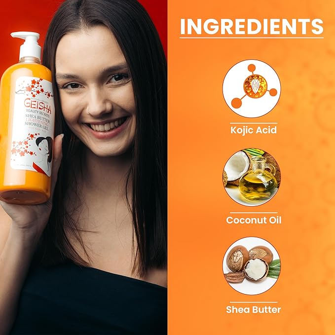 OMIC Geisha Kojic Acid Skin Brightening Body Wash - 33 Fl oz / 1000 ml - Even Out Tone Radiance Face and Body Shower Gel with Coconut Oil and Shea Butter
