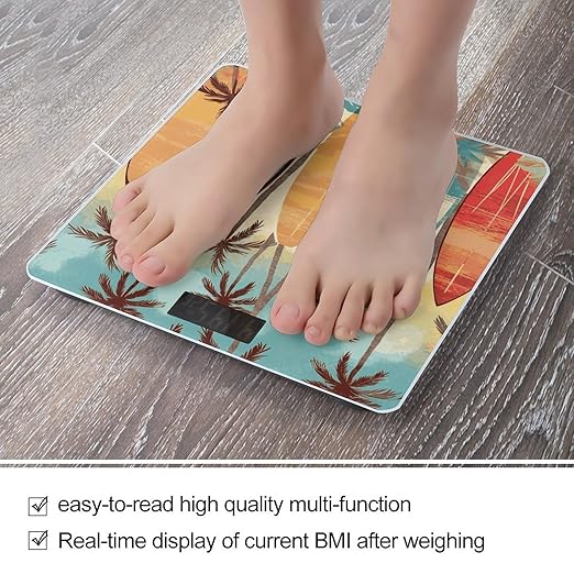 Surfboard Palm Tree Weight Scale Large Bathroom Scales Digital Weight with Bright LED Display Non Slip Automatic Weighing Scale Fashion Weighing Machine for Body