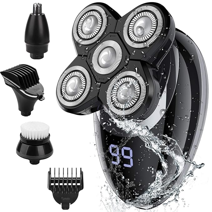 Electric shavers for Men Cordless Rechargeable Electric Razor Bald Head Shaver 5 in 1 Nose Beard Trimmer Hair Clipper Facial Grooming Kit Waterproof Wet Dry Rotary Shaver with Cleansing Brush