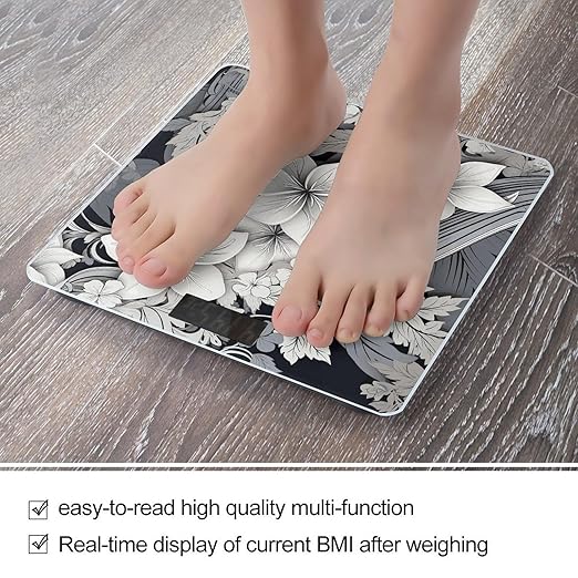 Intricate Black and White Tropical Flowers Pattern Smart Scale for Body Weight Accurate Bathroom Scale with LED Display Digital Weight Scales Weighing Machine High Precision Scales for Bath Home