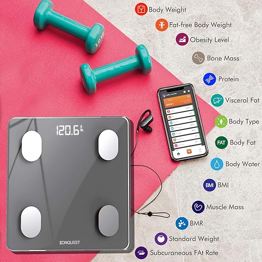 KONQUEST Smart Scale for Body Weight Digital Bathroom Scale BMI Weighing Bluetooth Body Fat Scale Body Composition Monitor Health Analyzer with Smartphone App 400 lbs - Cool Gray