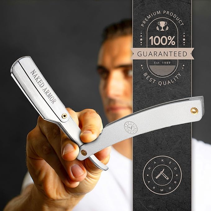 Best Shavette Straight Razor - Replaceable Blade Straight Razor Metal Handle Shavette No Stropping or Honing Great For Beginners Starter Blade Hygienic Close Shave Leather Case (Silver)