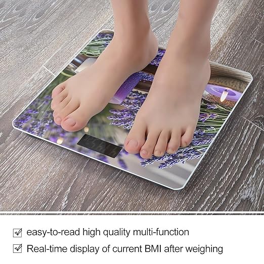 Purple Lavender with Candles Bathroom Scale for Body Weight Bathroom Weighing Scales with Back Lit LED Display Sturdy Tempered Glass Body Weight Bathroom Scale 400lb Weighing