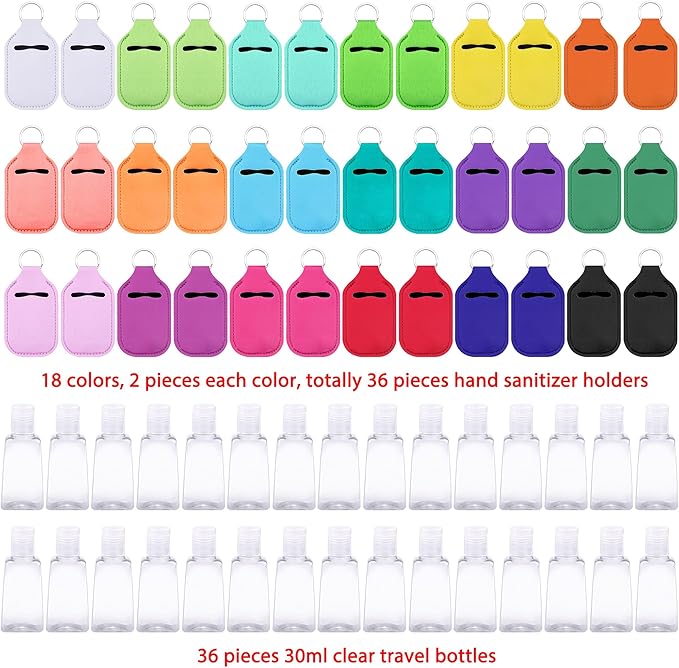 Duufin 72 Pieces Hand Sanitizer Holders Empty Travel Bottles Set Including 36 Pieces Clear Refillable Bottles and 36 Pieces Hand Sanitizer Keychain Holder for Backpack and Purse (Colorful Patternless)
