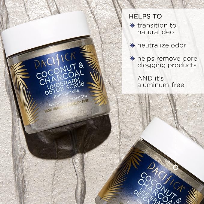 Pacifica Beauty Coconut and Charcoal Underarm Detox Body Scrub &amp Beauty Coconut Milk &amp Essential Oils Underarm Deodorant Wipes 30 Count Remove Odor On-The-Go Aluminum Free