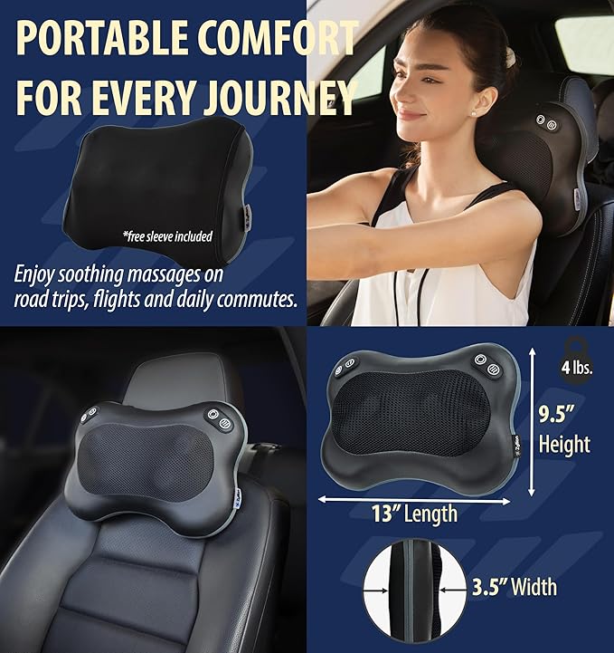 Zyllion Shiatsu Back and Neck Massager with Heat - Cordless Rechargeable 3D Electric Kneading Deep Tissue Massage Pillow with 2 Speeds for Muscle Pain Relief Black ZMA-34RB