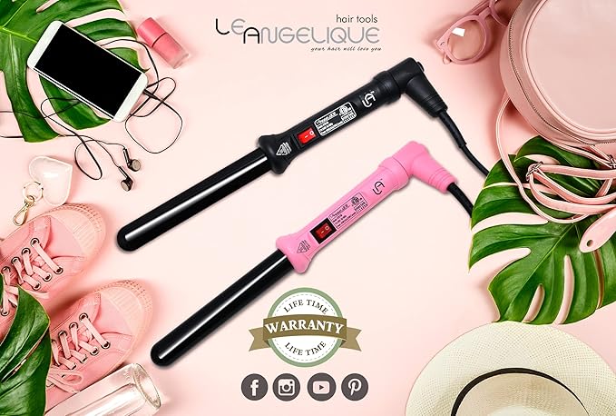 Le Angelique 1 Inch Ceramic Curling Wand for Beach Waves Short &amp Long Curls - 25mm Professional Clipless Curler Iron with Glove and 2 Clips | 450F Instant Heat | Dual Voltage - Pink