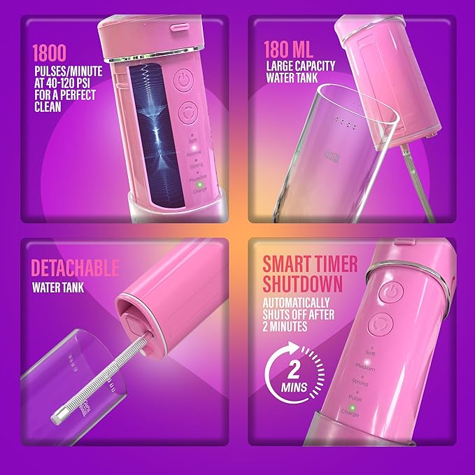 GuruNanda Compact Water Dental Flosser Portable Travel Size Oral Irrigator Flosser with Collapsible 180 ml Tank Smart Timer 4 Flossing Modes TSA-Friendly - Pink