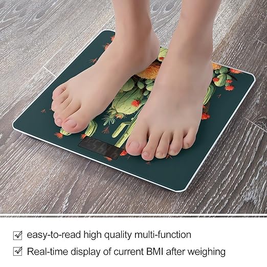 Cactus Art Scale for Body Weight Anti-Slip Tempered Glass Digital Bathroom Scales Clear LCD Display Weighing Scale Safe Rounded Corners Smart Scales