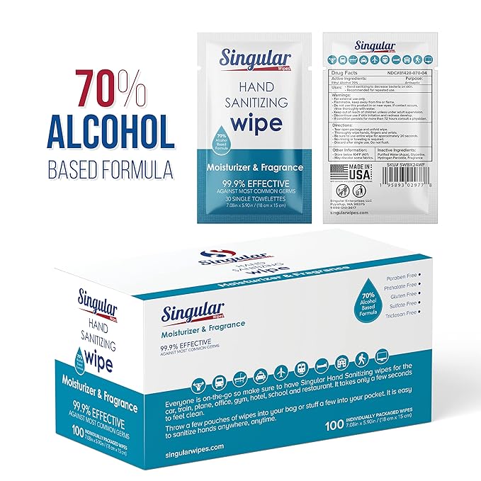 Hand Sanitizing Wipes Travel Size by Singular Wipes – 100ct Individually Wrapped | Fresh Citrus Scent Moisturizing 70% Alcohol Wipes | Travel Office School Home | Made in USA