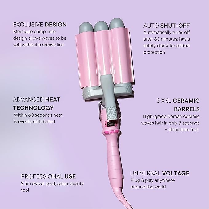 Mermade PRO Hair Waver 1.25 - 3 Barrel Curling Iron 1 1/4 Inch Ceramic Barrel Waver Tool for Thick Thin Long or Short Hair - 1.25 Pink with Glove