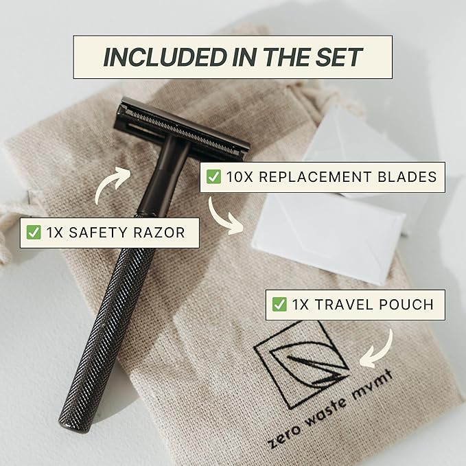Single Blade Safety Razor for Men &amp Women (Onyx) Premium Aluminum Handle Reusable &amp Plastic-Free – Smooth Close Shave with Less Irritation – Includes 10x Blades &amp Travel Bag - Onyx