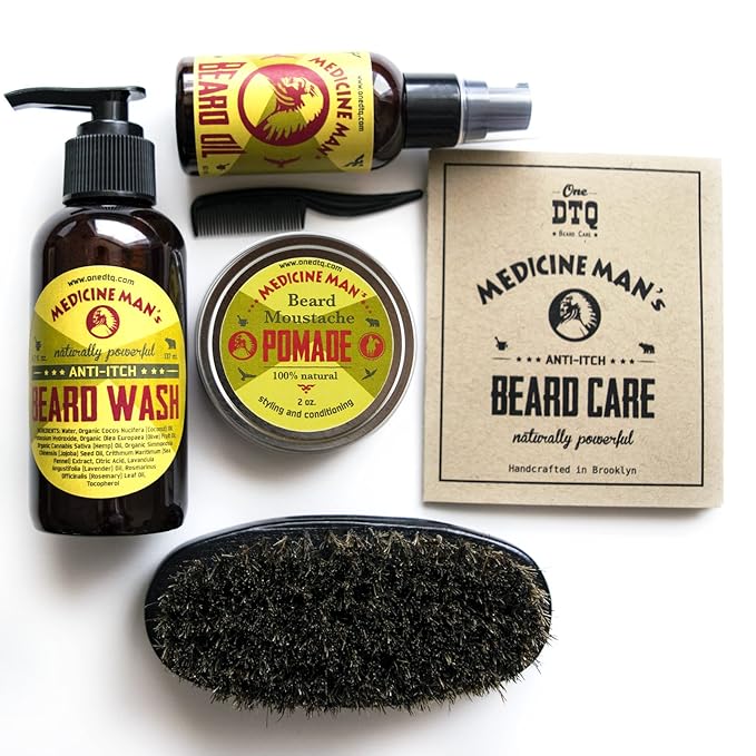 Medicine Man’s Anti-Itch Beard &amp Mustache Kit - Beard Itch Wash Oil Balm Brush - Beard Treatment Products in Premium Gift Box