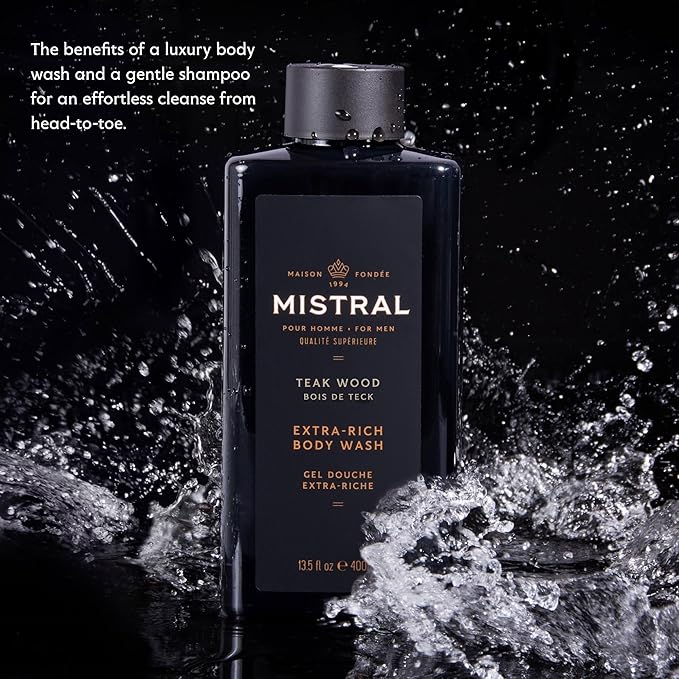 Mistral Men's Body Wash &amp Shampoo Teakwood 13.5 oz | 2-in-1 Natural Shower Gel for Men | SLS Paraben &amp Phthalate Free | Natural Men’s Body Wash Moisturizing Bath Gel - Made in France