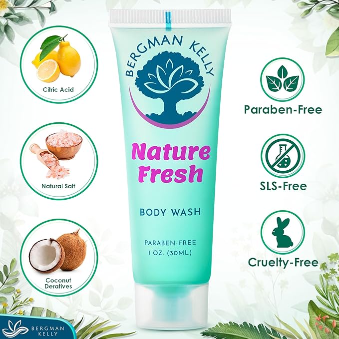 BERGMAN KELLY Travel Size Body Wash (1 fl oz 100 PK Nature Fresh) Delight Your Guests with a Refreshing &amp Soothing Hotel Body Wash Quality Mini and Small Size Guest Hotel Toiletries in Bulk