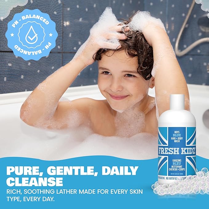 Fresh Kidz Hair &amp Body Wash 16.9 fl.oz. and 2 Roll On Deodorants 1.86 fl.oz. for Kids and Teens - Boys Blue Set