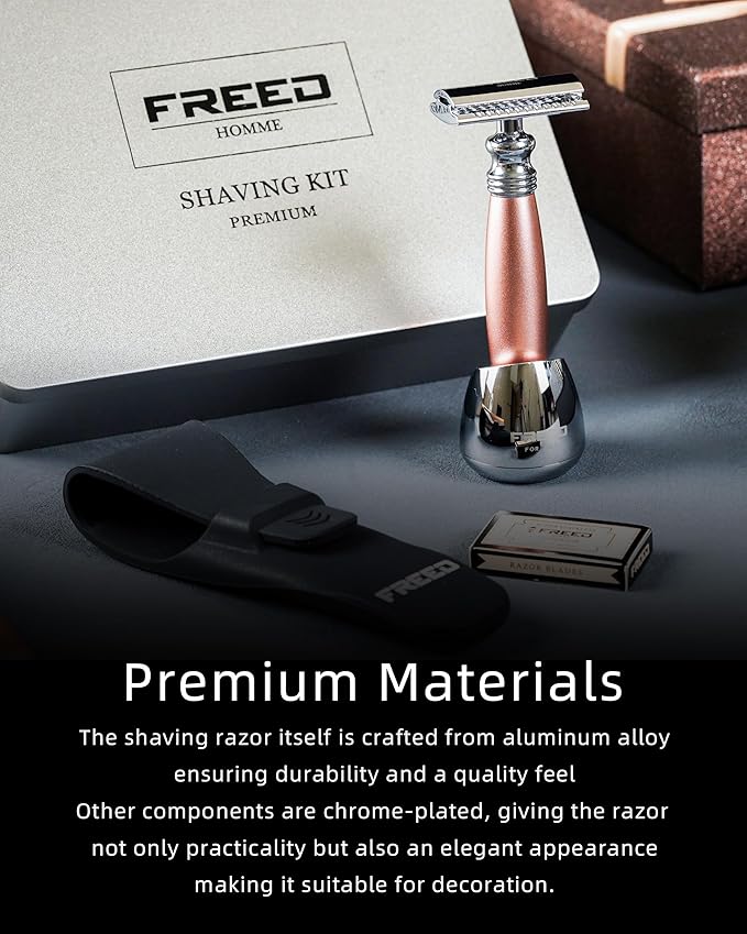 FREED Customized gifts Engraving Shaving Kit - Safety Razor with metal handle include razor base razor travel case and 10 bladesit's the best gift for men (Champagne gold)