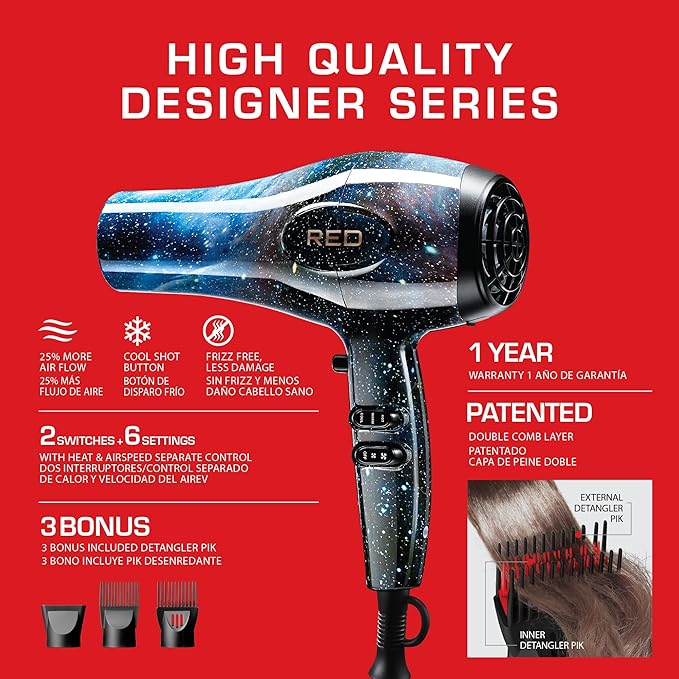 RED Designer Series 3200 Blow Dryer 3 Heat &amp 2 Speed Settings Cool Shot 25% More Airflow Patented Detangler Pik Unique Pattern Frizz Control Fast Drying