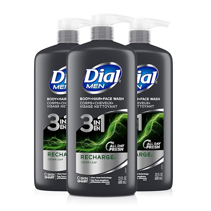 Dial Men 3in1 Body Hair and Face Wash Ultimate Clean 69 fl oz (3-23 fl oz Bottles) &amp Men 3in1 Body Hair and Face Wash Recharge 69 fl oz (3-23 fl oz Bottles)