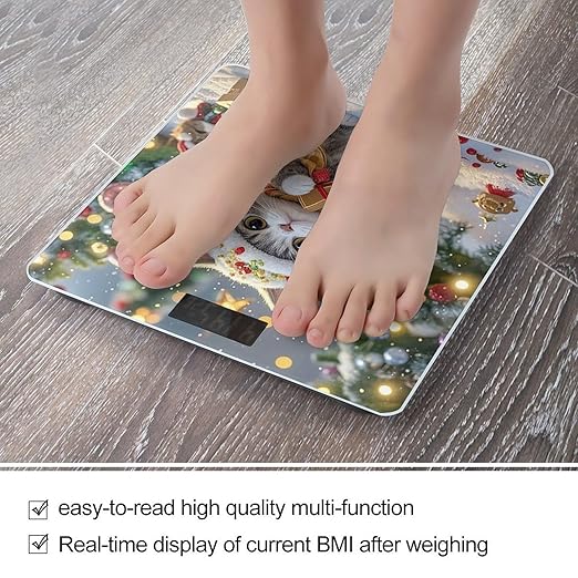 Cute Cat Sing Christmas Carols Bathroom Scale for Body Weight with High Precision Large LCD Backlight Display Digital Weighing Scale with BMI Capacity Up to 180kg